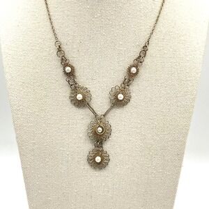 Vintage‎ Filigree Flower Pearl Necklace Y Drop Pendant Delicate Chain